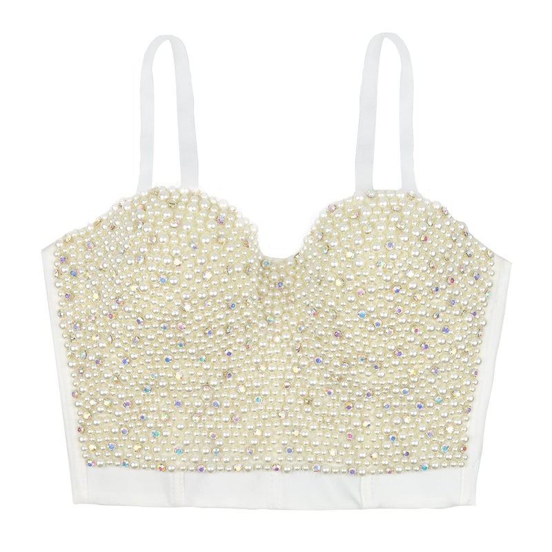 ELLACCI Sexy Pearls Beaded Rhinestone Bustier Crop Top Push up Corset Top with Detachable Straps White Large - Image 3